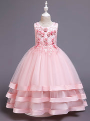 Long Princess Satin Tulle Jewel Neck Wedding Party Pageant Flower Girl Dresses-27dress