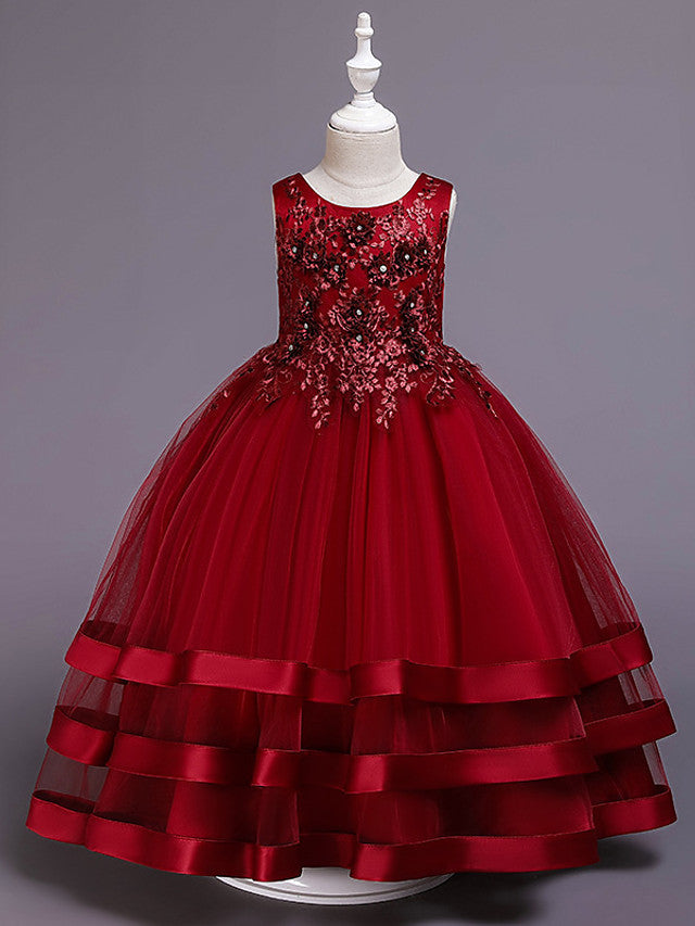 Long Princess Satin Tulle Jewel Neck Wedding Party Pageant Flower Girl Dresses-27dress