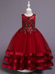 Long Princess Satin Tulle Jewel Neck Wedding Party Pageant Flower Girl Dresses-27dress