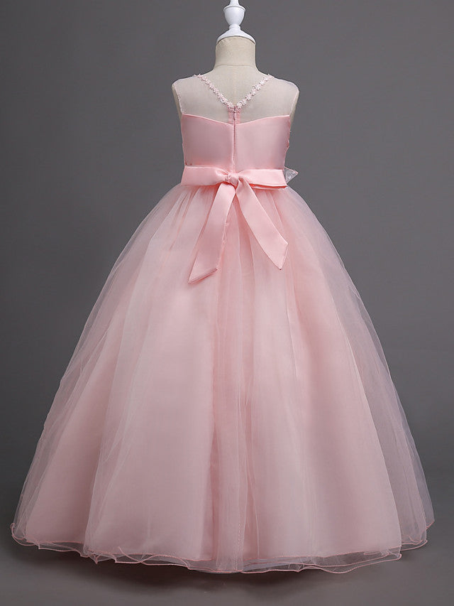 Long Princess Satin Tulle Sleeveless Jewel Neck First Communion Flower Girl Dresses-27dress