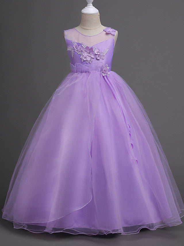 Long Princess Satin Tulle Sleeveless Jewel Neck First Communion Flower Girl Dresses-27dress