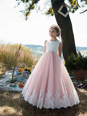 Long Princess Tulle Cotton Jewel Neck Party Birthday Pageant Flower Girl Dresses-27dress