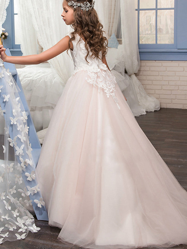 Long Princess Tulle Sleeveless Boat Neck Wedding Birthday Pageant Flower Girl Dresses-27dress