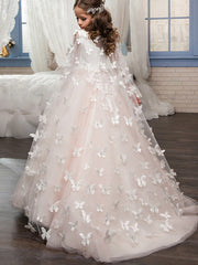 Long Princess Tulle Sleeveless Boat Neck Wedding Birthday Pageant Flower Girl Dresses-27dress