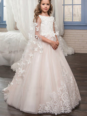 Long Princess Tulle Sleeveless Boat Neck Wedding Birthday Pageant Flower Girl Dresses-27dress