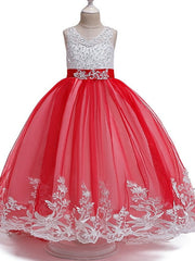 Long Princess Tulle Sleeveless Jewel Neck Wedding Party Flower Girl Dresses With Bow-27Dress