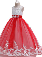 Long Princess Tulle Sleeveless Jewel Neck Wedding Party Flower Girl Dresses With Bow-27Dress