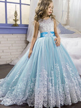 Long Princess Tulle Sleeveless Jewel Neck Wedding Party Flower Girl Dresses With Bow-27Dress