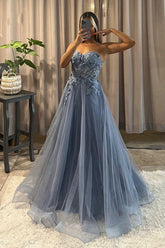 Long Prom Dress A-Line Sweetheart Appliques Tulle with Beadings
