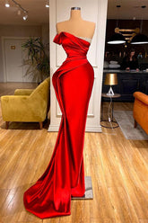 Long Red One Shoulder Strapless Prom Dress Pleated Mermaid With Beadings