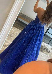 Long Royal Blue A-line Bateau Strapless Lace Sequined Prom Dress with Pockets-27dress