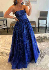 Long Royal Blue A-line Bateau Strapless Lace Sequined Prom Dress with Pockets-27dress