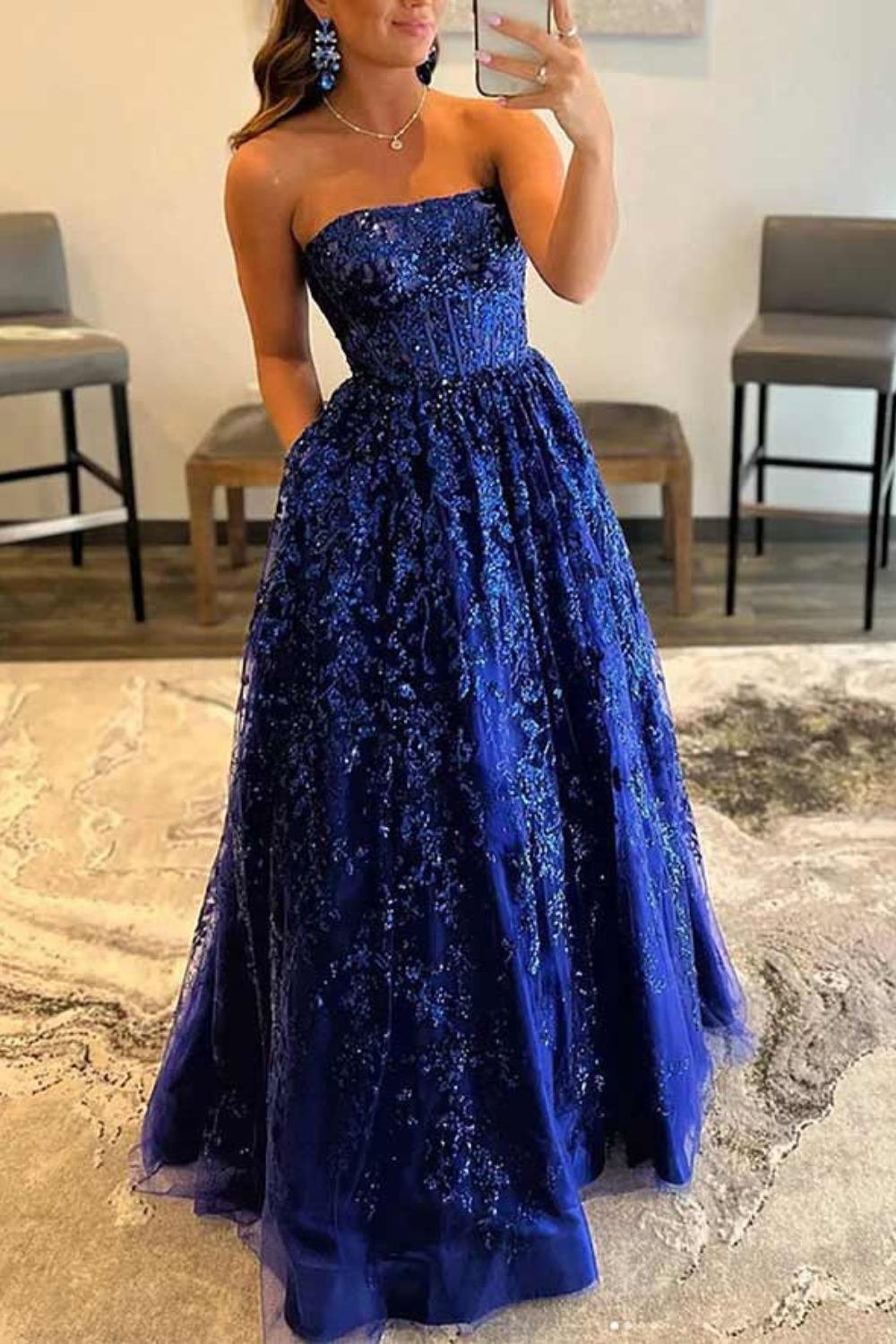 Long Royal Blue A-line Bateau Strapless Lace Sequined Prom Dress with Pockets-27dress