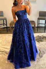 Long Royal Blue A-line Bateau Strapless Lace Sequined Prom Dress with Pockets-27dress