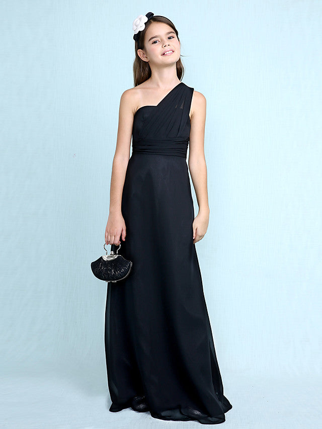 Long Sheath One Shoulder Flower Girl Dresses Chiffon Junior Bridesmaid Dress-27dress