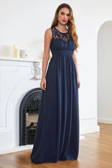 Long A Line Round Neck Chiffon Floor Length Formal Dresses-27dress