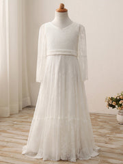 Long Sheath V Neck Maxi Wedding Birthday Holiday Flower Girl Dresses with Sleeves-27Dress