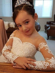 Long Sleeve Ball Gown Court Train Off the Shoulder Wedding Flower Girl Dresses-27dress