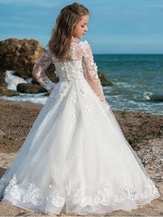 Long Sleeve Ball Gown Jewel Neck Lace Tulle Wedding Party Flower Girl Dresses-27dress