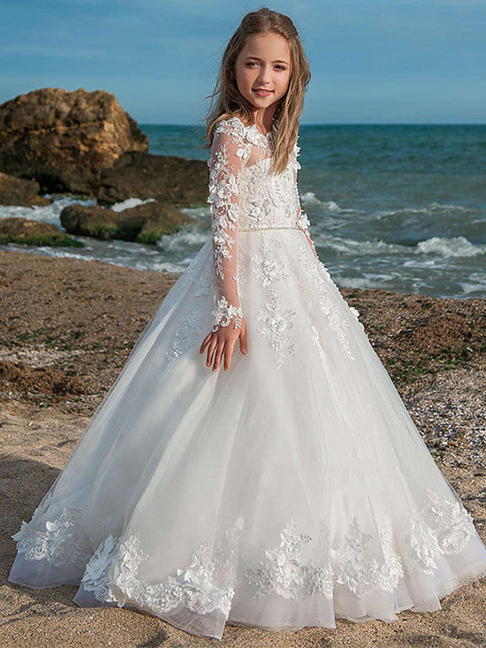 Long Sleeve Ball Gown Jewel Neck Lace Tulle Wedding Party Flower Girl Dresses-27dress