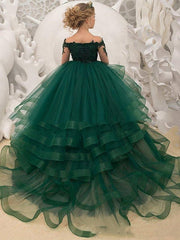 Long Sleeve Ball Gown Tulle Lace Sweep Brush Train Wedding Party Flower Girl Dresses-27Dress