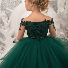 Long Sleeve Ball Gown Tulle Lace Sweep Brush Train Wedding Party Flower Girl Dresses-27Dress