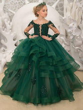 Long Sleeve Ball Gown Tulle Lace Sweep Brush Train Wedding Party Flower Girl Dresses-27Dress