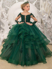 Long Sleeve Ball Gown Tulle Lace Sweep Brush Train Wedding Party Flower Girl Dresses-27Dress