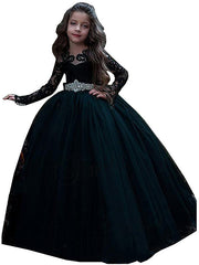 Long Sleeve Black Ball Gown Sweep Brush Train Wedding Party Flower Girl Dresses-27dress