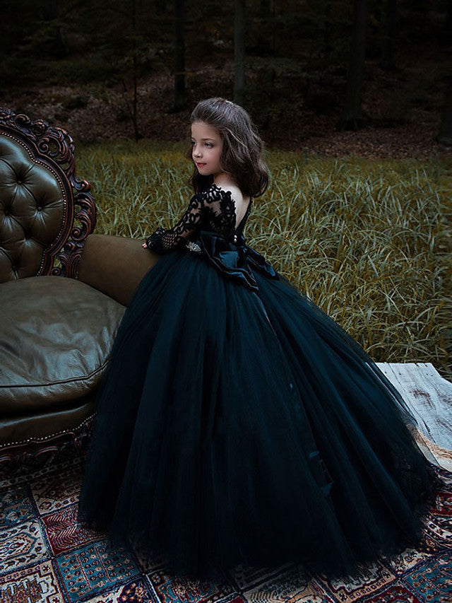 Long Sleeve Black Ball Gown Sweep Brush Train Wedding Party Flower Girl Dresses-27dress