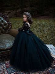 Long Sleeve Black Ball Gown Sweep Brush Train Wedding Party Flower Girl Dresses-27dress