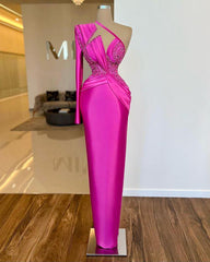 Long Sleeve One Shoulder Long Prom Dress With Pleated Appliques