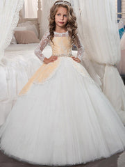 Long Sleeve Princess Tulle Jewel Neck Christmas Birthday First Communion Flower Girl Dresses-27Dress