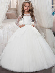 Long Sleeve Princess Tulle Jewel Neck Christmas Birthday First Communion Flower Girl Dresses-27Dress