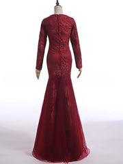Long Sleeve Scoop Neck Burgundy Lace Tulle Trumpet/Mermaid Closed Back Mother of the Bride Dresses