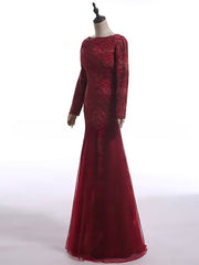 Long Sleeve Scoop Neck Burgundy Lace Tulle Trumpet/Mermaid Closed Back Mother of the Bride Dresses