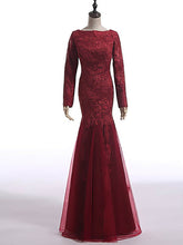 Long Sleeve Scoop Neck Burgundy Lace Tulle Trumpet/Mermaid Closed Back Mother of the Bride Dresses