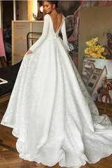Long Sleeve V-neck Boho Bridal Gowns Satin Backless Lace Wedding Dress-27Dress