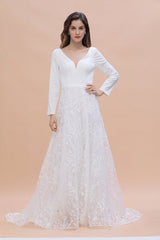 Long Sleeve V-neck Boho Bridal Gowns Satin Backless Lace Wedding Dress-27Dress