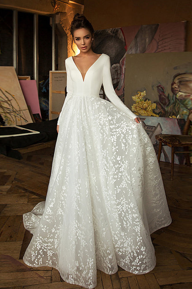 Long Sleeve V-neck Boho Bridal Gowns Satin Backless Lace Wedding Dress-27Dress
