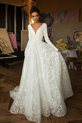 Long Sleeve V-neck Boho Bridal Gowns Satin Backless Lace Wedding Dress-27Dress