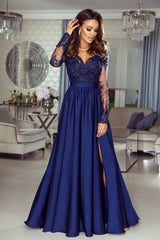 Long Sleeves A-line Sweetheart Lace Prom Dress with Slit-27Dress