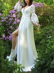 Long Sleeves A-Line V-Neck Chiffon Lace Wedding Dress with Slit-27dress