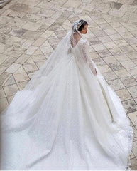 Long Sleeves Ball Gown Wedding Dress Appliques V-Neck Bridal Gown-27dress