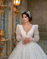 Long Sleeves Ball Gown Wedding Dress Appliques V-Neck Bridal Gown-27dress