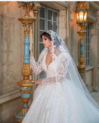 Long Sleeves Ball Gown Wedding Dress Appliques V-Neck Bridal Gown-27dress