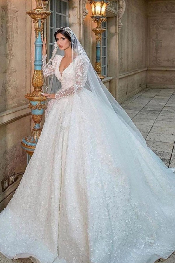 Long Sleeves Ball Gown Wedding Dress Appliques V-Neck Bridal Gown-27dress