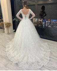 Long Sleeves Ball Gown Wedding Dress Lace Bridal Gowns V-Neck-27dress