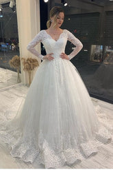 Long Sleeves Ball Gown Wedding Dress Lace Bridal Gowns V-Neck-27dress