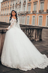 Long Sleeves Ball Gown Wedding Dress Off-the-Shoulder With Appliques-27dress